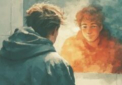 young man looking in mirror with self acceptance 