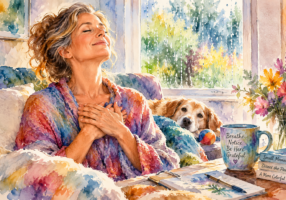 a woman sitting with hands over heart breathing in the gratitude of the day - her dog sitting close
