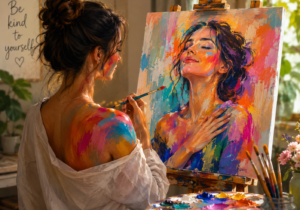 A woman painter painte=ing her self portrait 